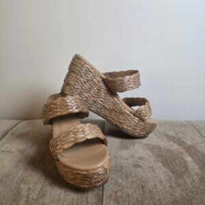 KAANAS Colombian handmade woven raffia wedge platform espadrille brown size 9